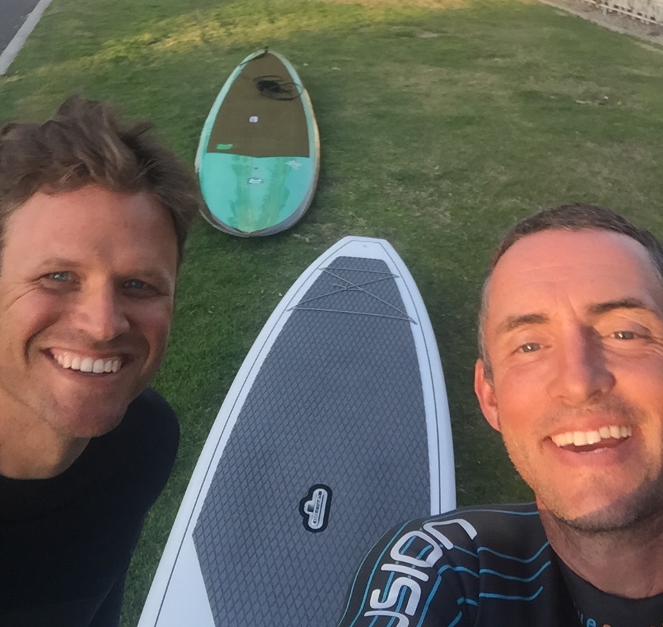Jake and I suiting up for our microadventure SUP at sunset Dana Point, CA