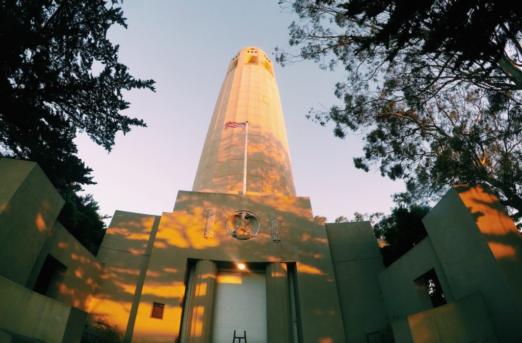 Coit tower at sunset after we climbed Greenwich stairs