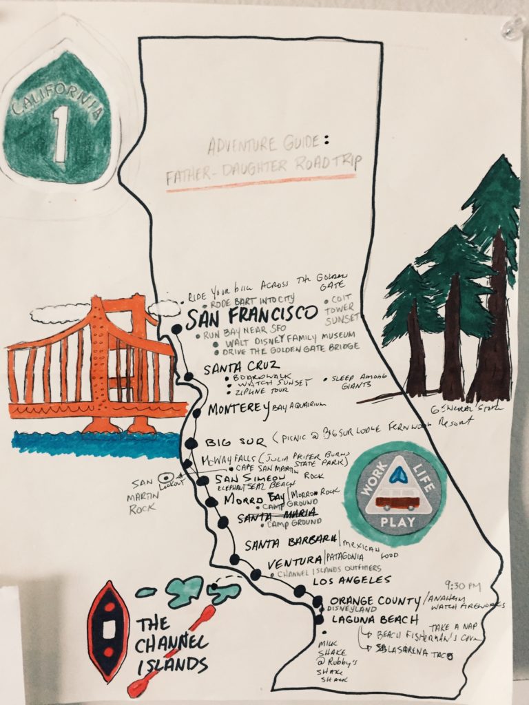 Father daughter California road trip LA to San Francisco custom map