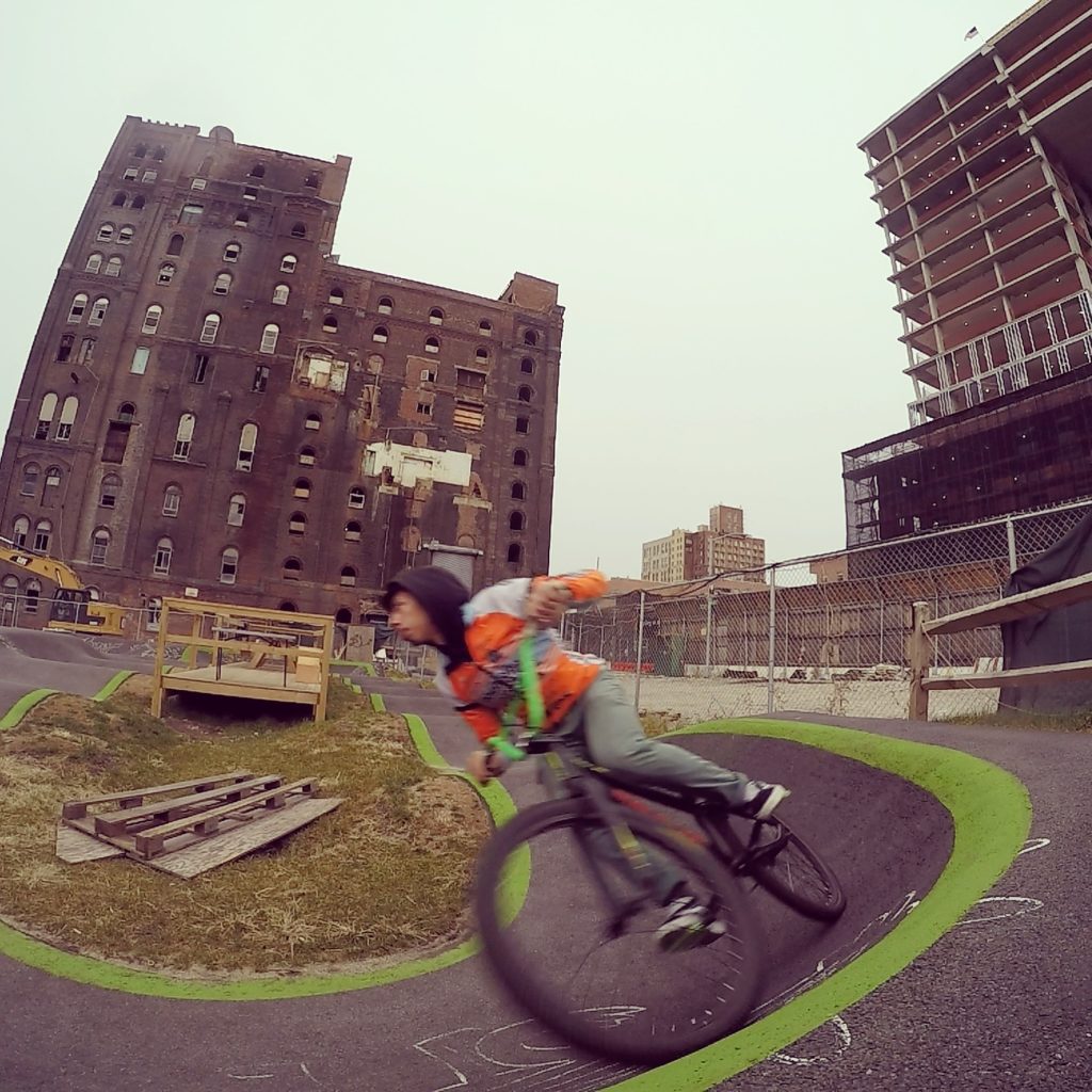 Nik on turn number two on Brooklyn's pumptrack